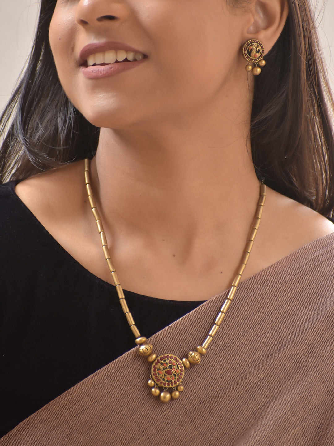 Shrinika – Handmade Terracotta Mandala Pendant Necklace Set with Antique Gold Accents