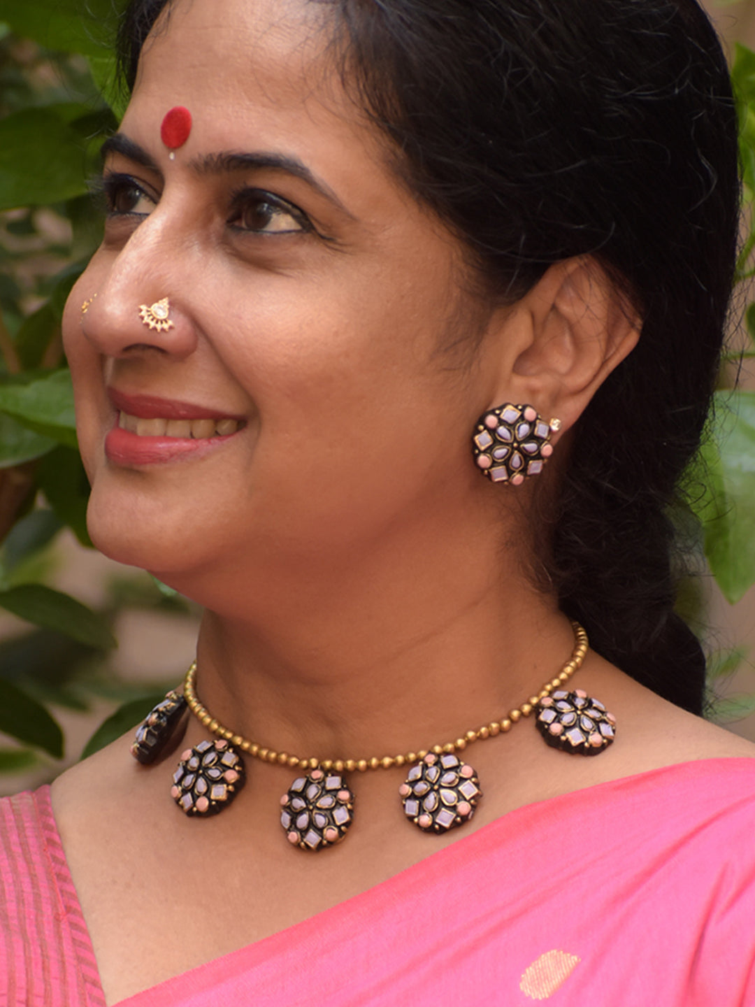 Handcrafted Terracotta Pastel Mirror Work Medallion Necklace Set with Stud Earrings in Pink and Grey