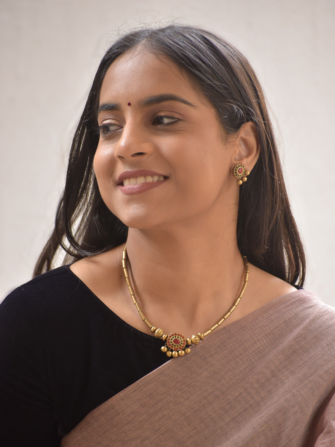 Terracotta Gold-Toned Round Motif Necklace Set with Red Accents