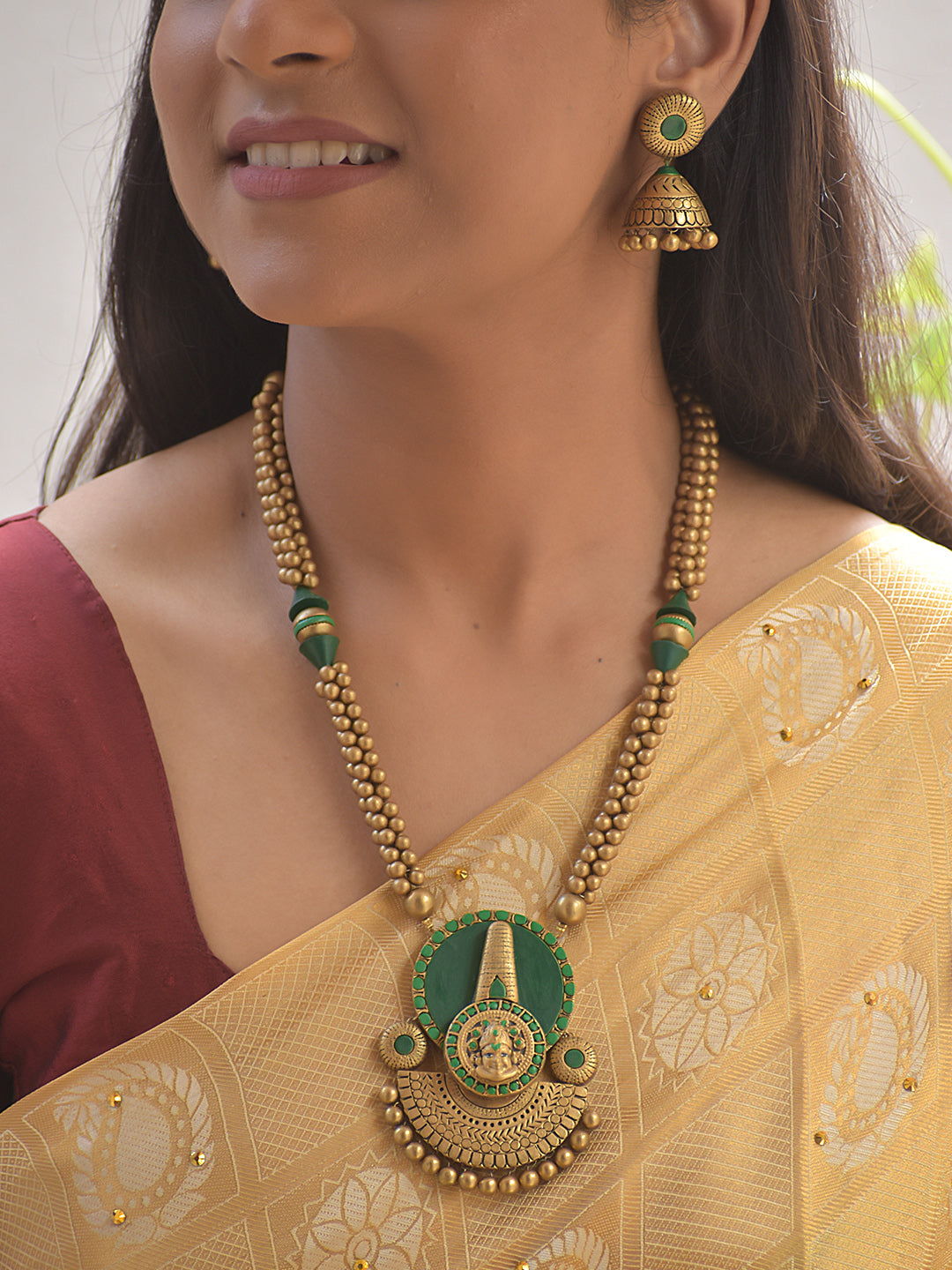 Kathakali Design Hand Painted Finish Terracotta Jewellery Set With Jhumkas