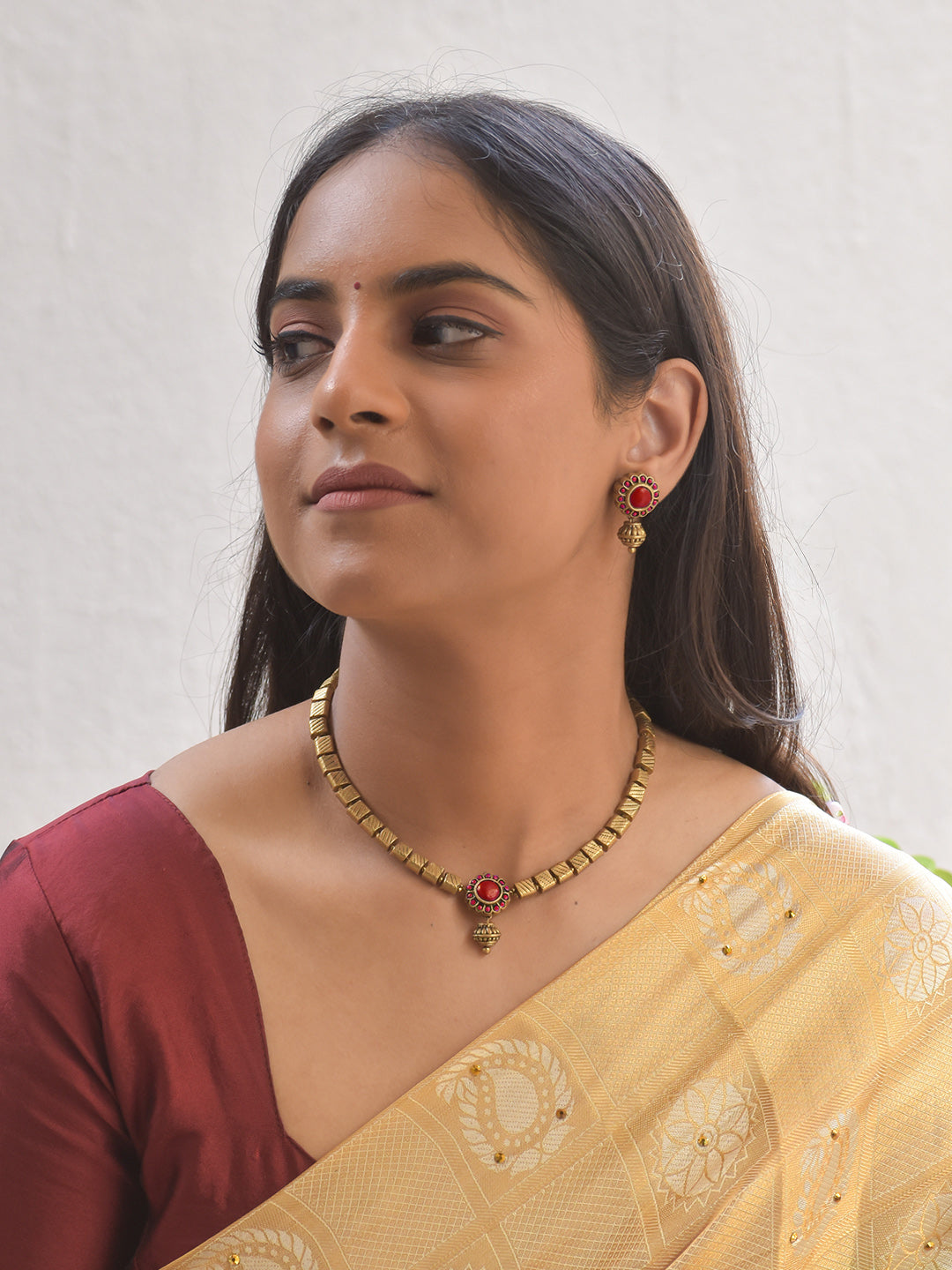 Terracotta Ruby Charm Choker Set With Studs