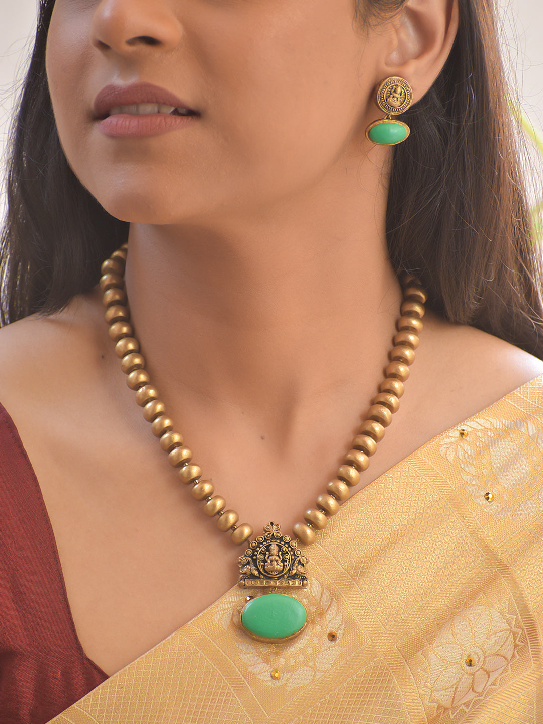 Torquoise Aura Terracotta Lakshmi Necklace Set With Jhumkas