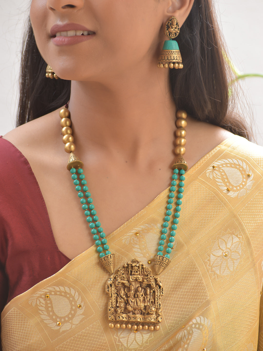 Shiva Parvathi Ganesha Subramanya Pendant Terracotta Heritage Necklace Set With Jhumkas