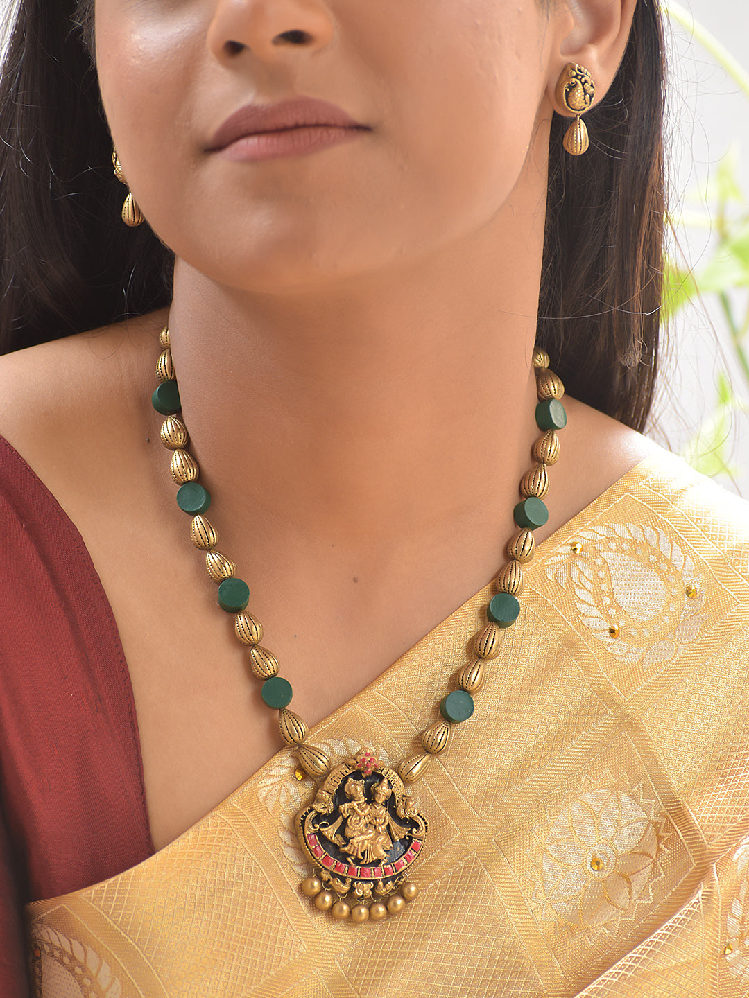 Terracotta Radha Krishna Necklace Set With Studs