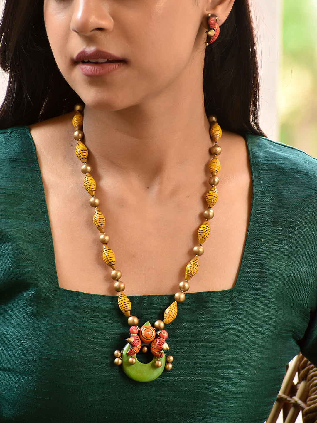 Chitra — Bird Pendant Necklace with Hand-Painted Beads