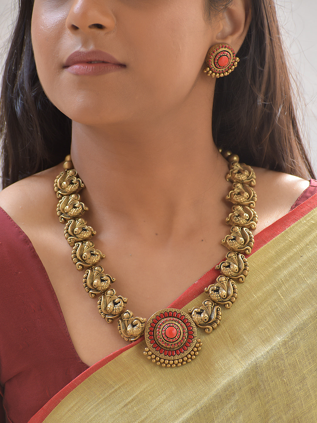 Aarunya Terracotta Peacock Motif Necklace Set With Studs