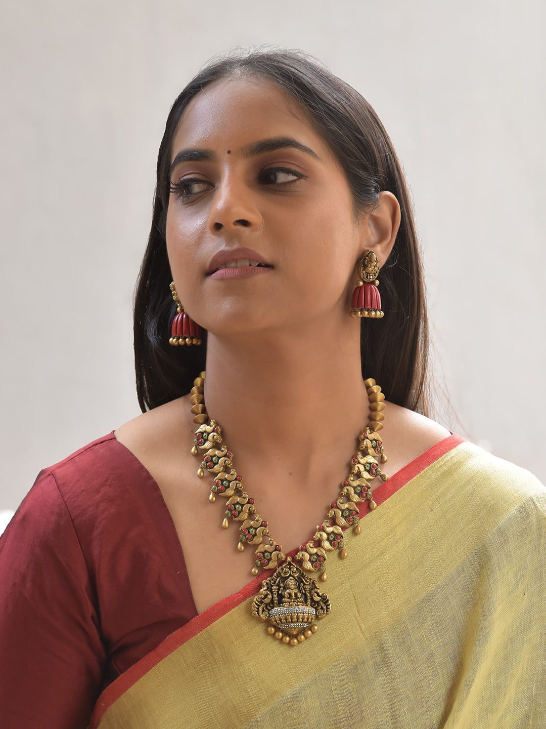Divya Parrot Lakshmi Terracotta Necklace Set With Jhumkas