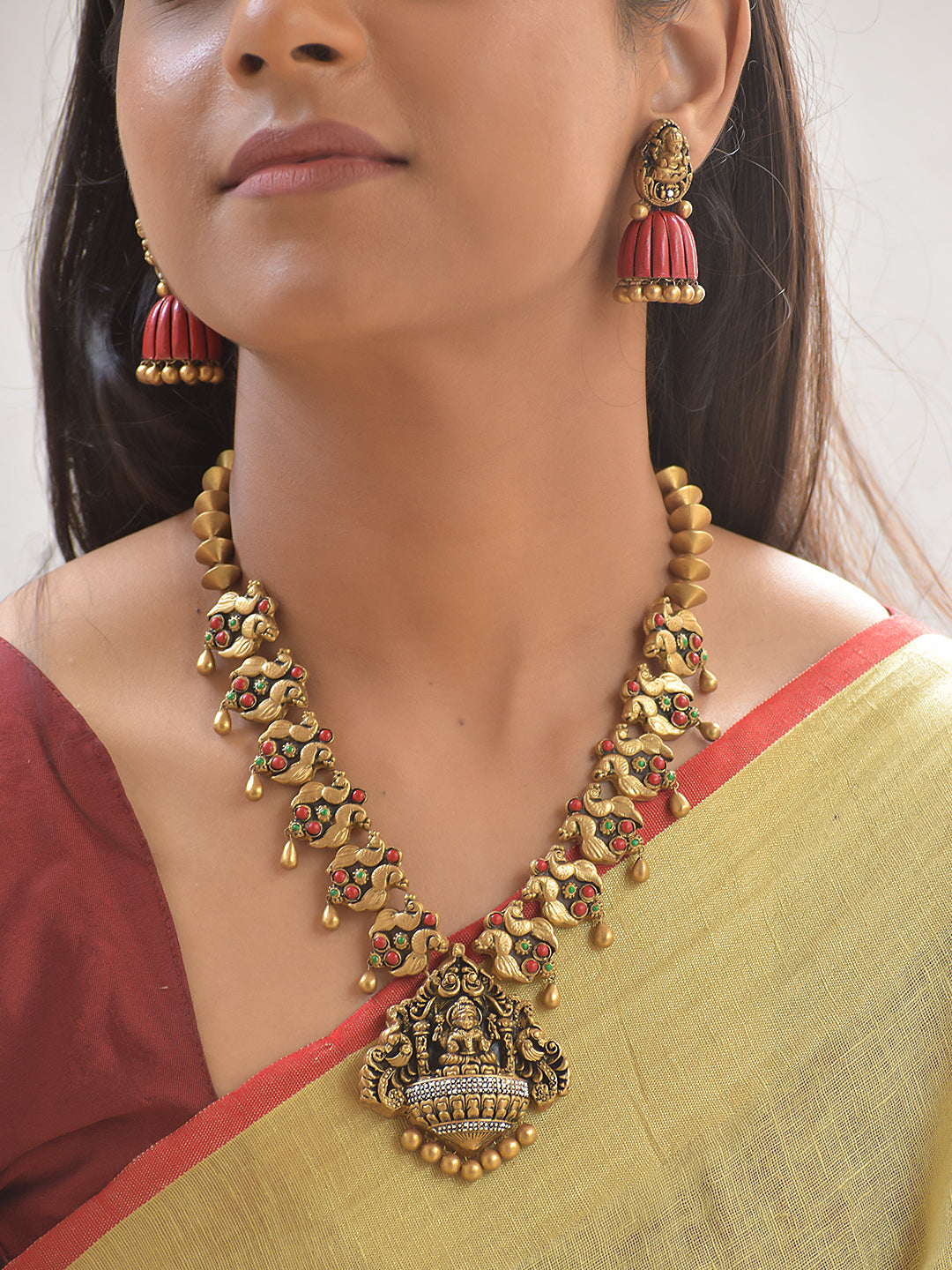 Divya Parrot Lakshmi Terracotta Necklace Set With Jhumkas
