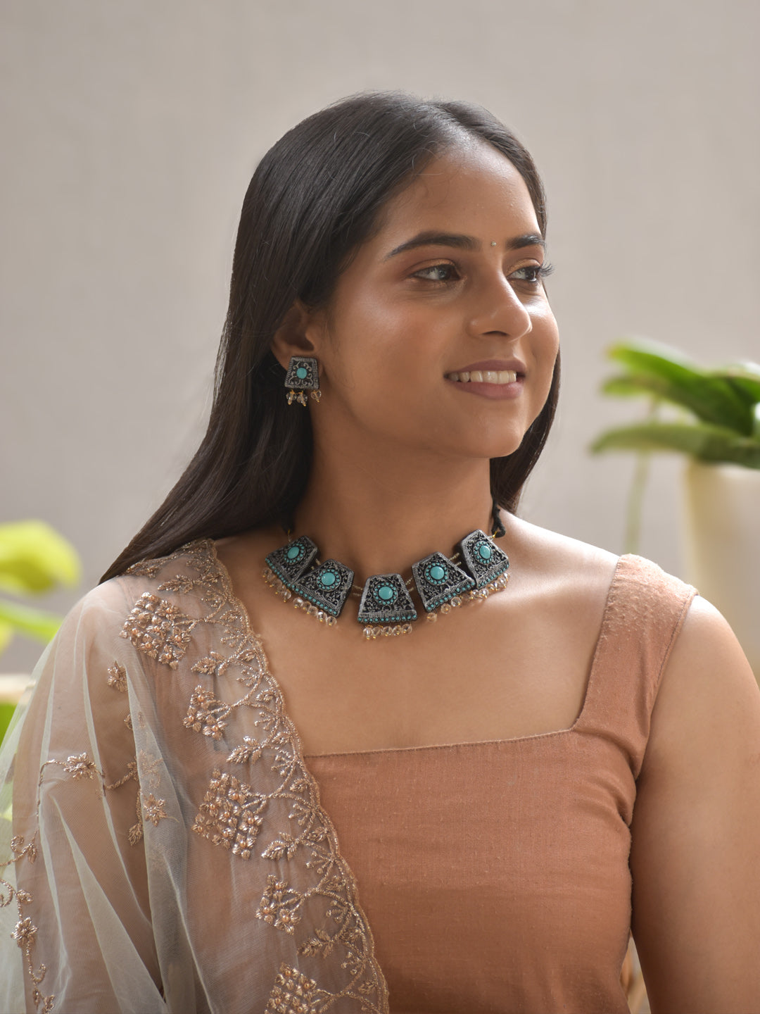 Tribal Geometry Terracotta Necklace Set with Aqua Blue Center – Black & Silver Accents Stud Earrings