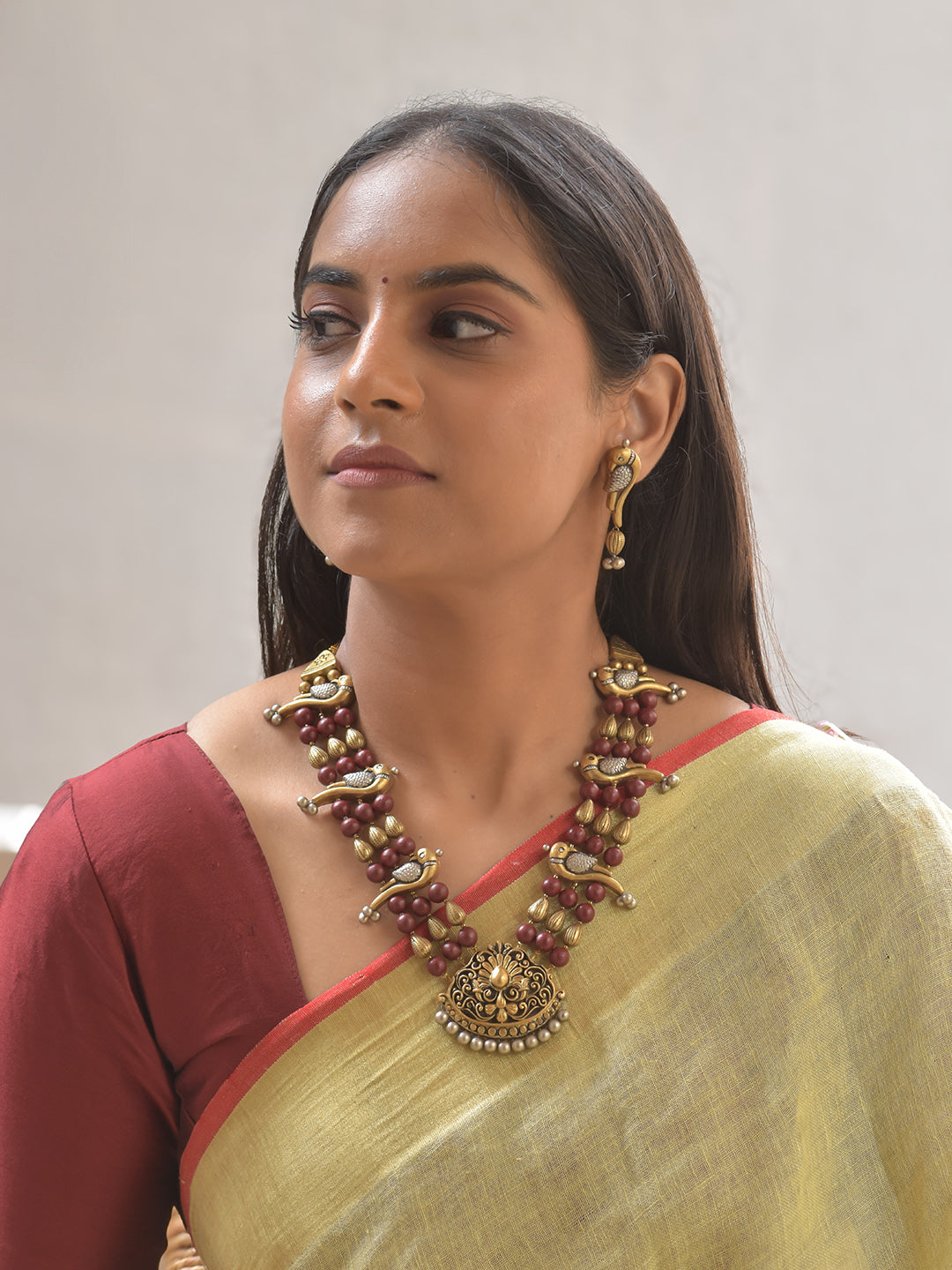 Terracotta Parrot Floral Necklace Set With Studs