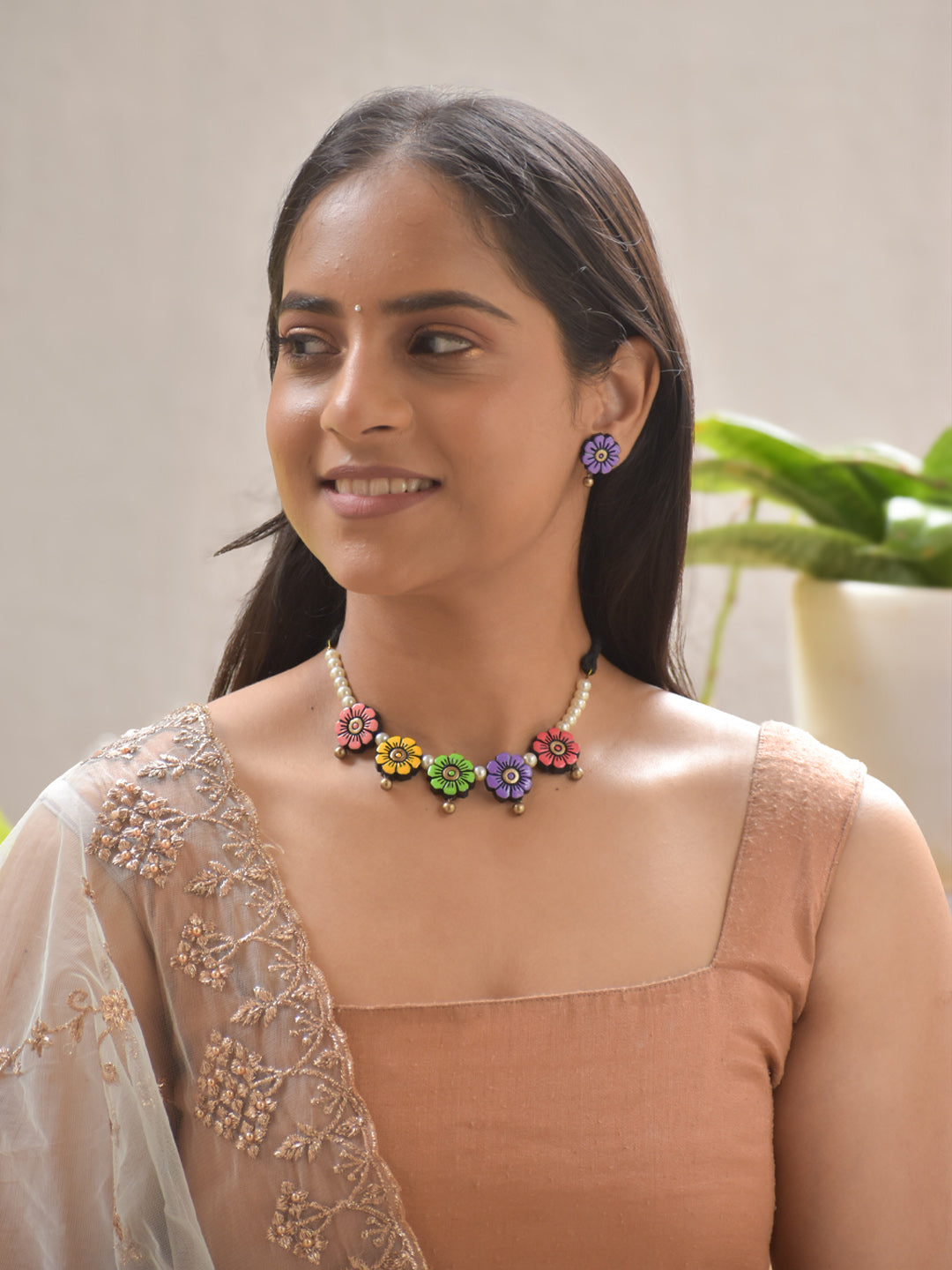 Multicolor Bloom Terracotta Necklace Set with Pearl Beads – Playful Floral Design Stud Earrings
