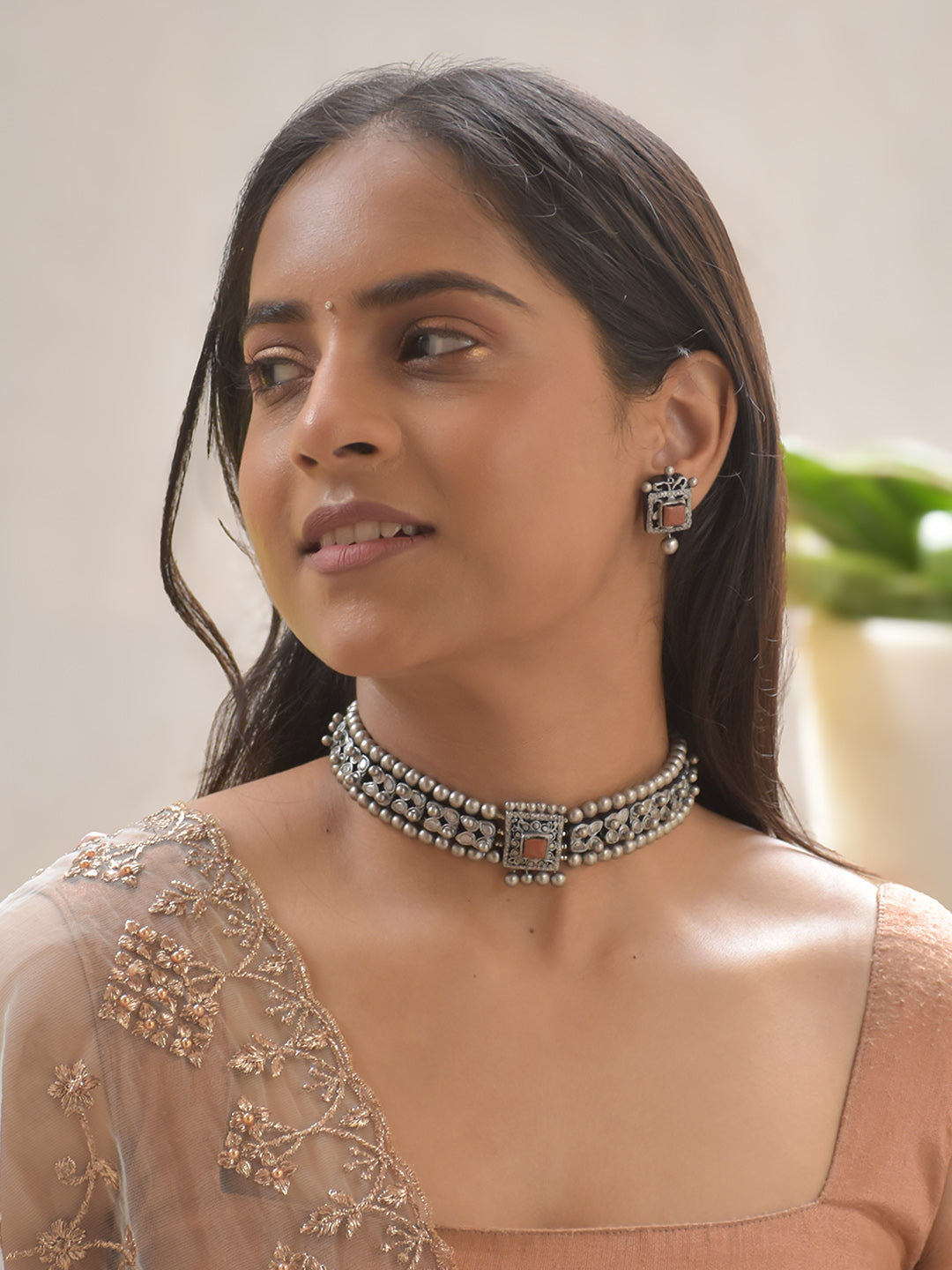 Antique Gold Green and Red Flower Design Handmade Terracotta Necklace Set with Pearls