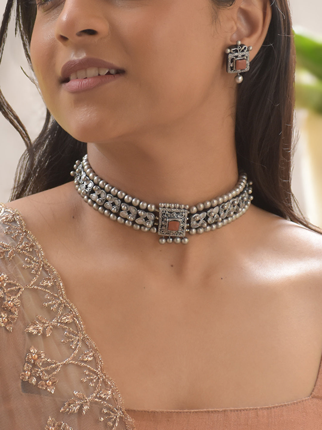 Antique Gold Green and Red Flower Design Handmade Terracotta Necklace Set with Pearls