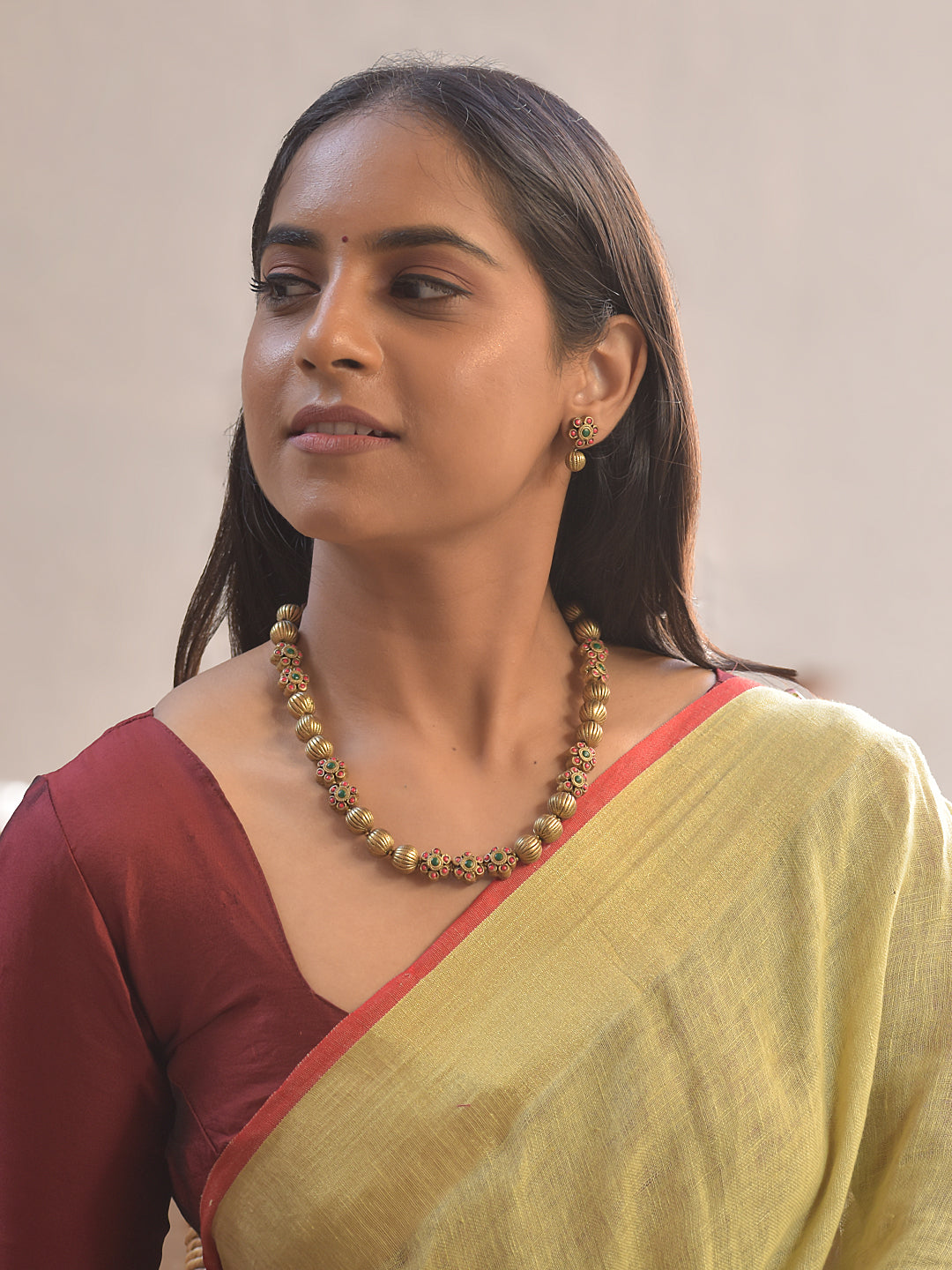 Terracotta Blossom Bead Necklace Set With Floral Studs