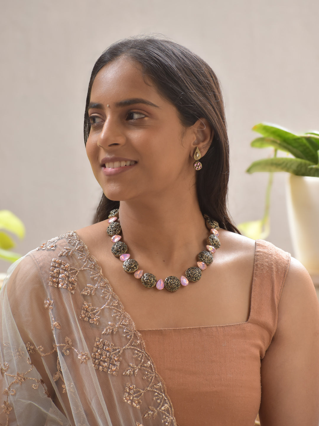 Rose Radiance Lakshmi Motifs Terracotta Necklace Set with Antique Gold & Pink Crystal Teardrops Stud Earrings