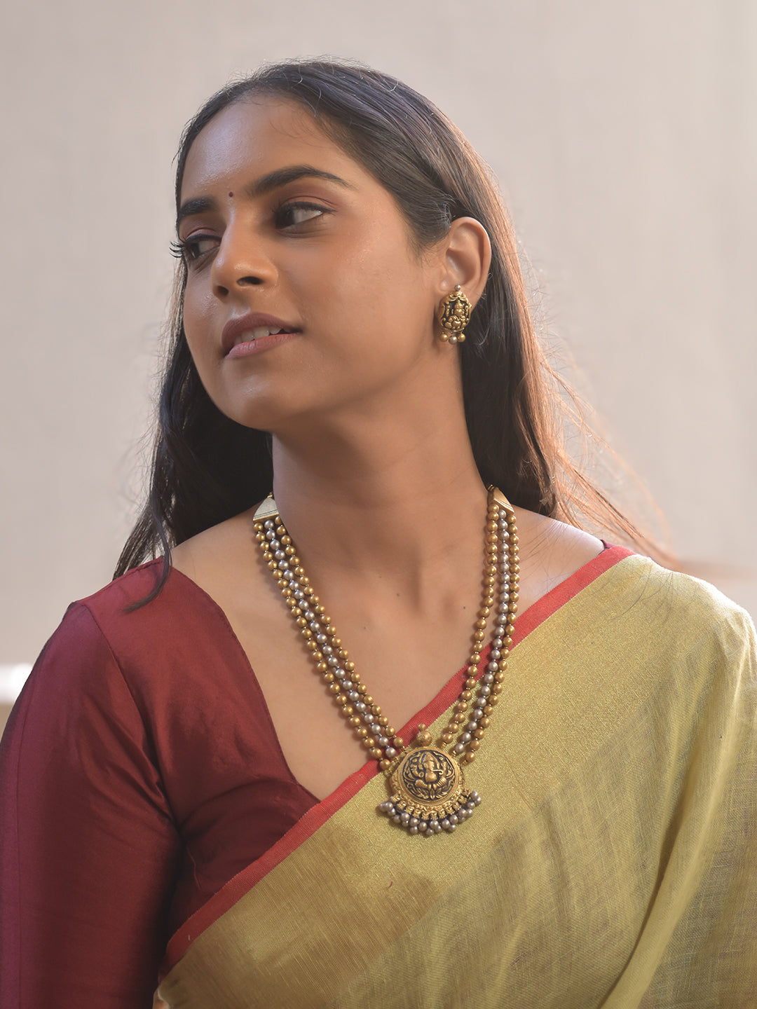 Lord Ganesha Design Terracotta Beaded Necklace Set With Studs