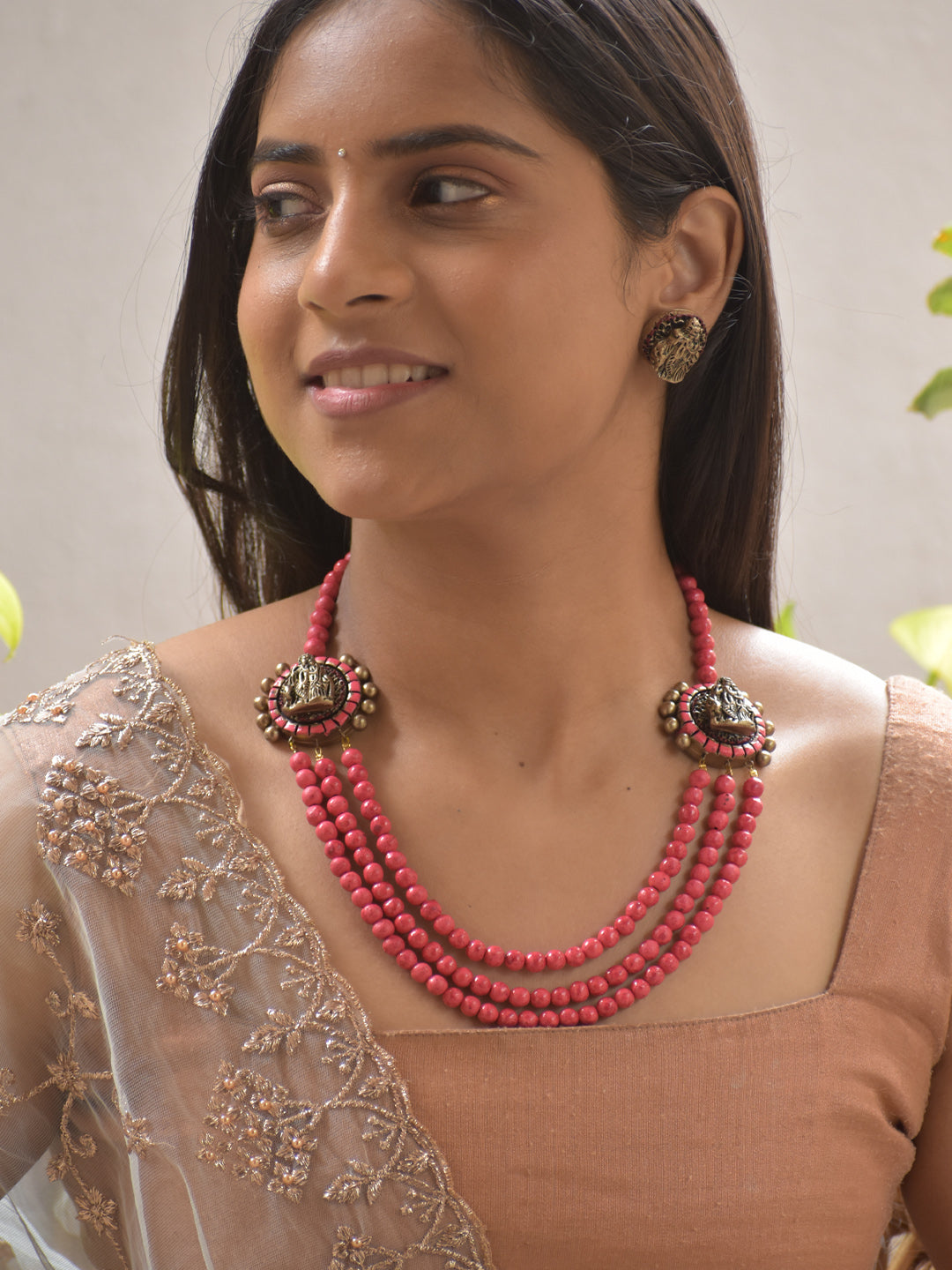 Divine Krishna Radha Motif Impressions 3 Layer Terracotta Necklace Set – Bright Red with Antique Accents Stud Earrings