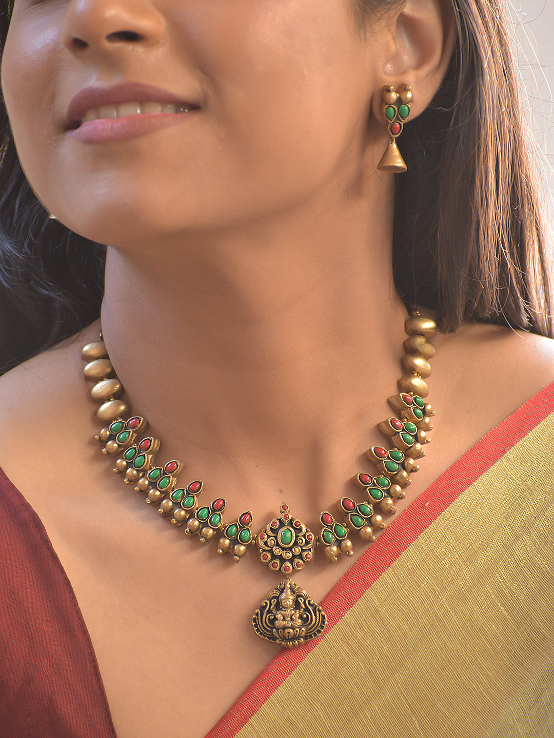 Lakshmi Pendant Floral Bloom Terracotta Temple Necklace Set With Jhumkas