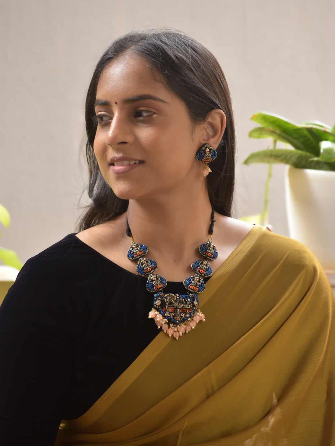 Terracotta Lord Vishnu Pendant Necklace Set in Royal Blue & Orange Lakshmi Motifs Stud Earrings