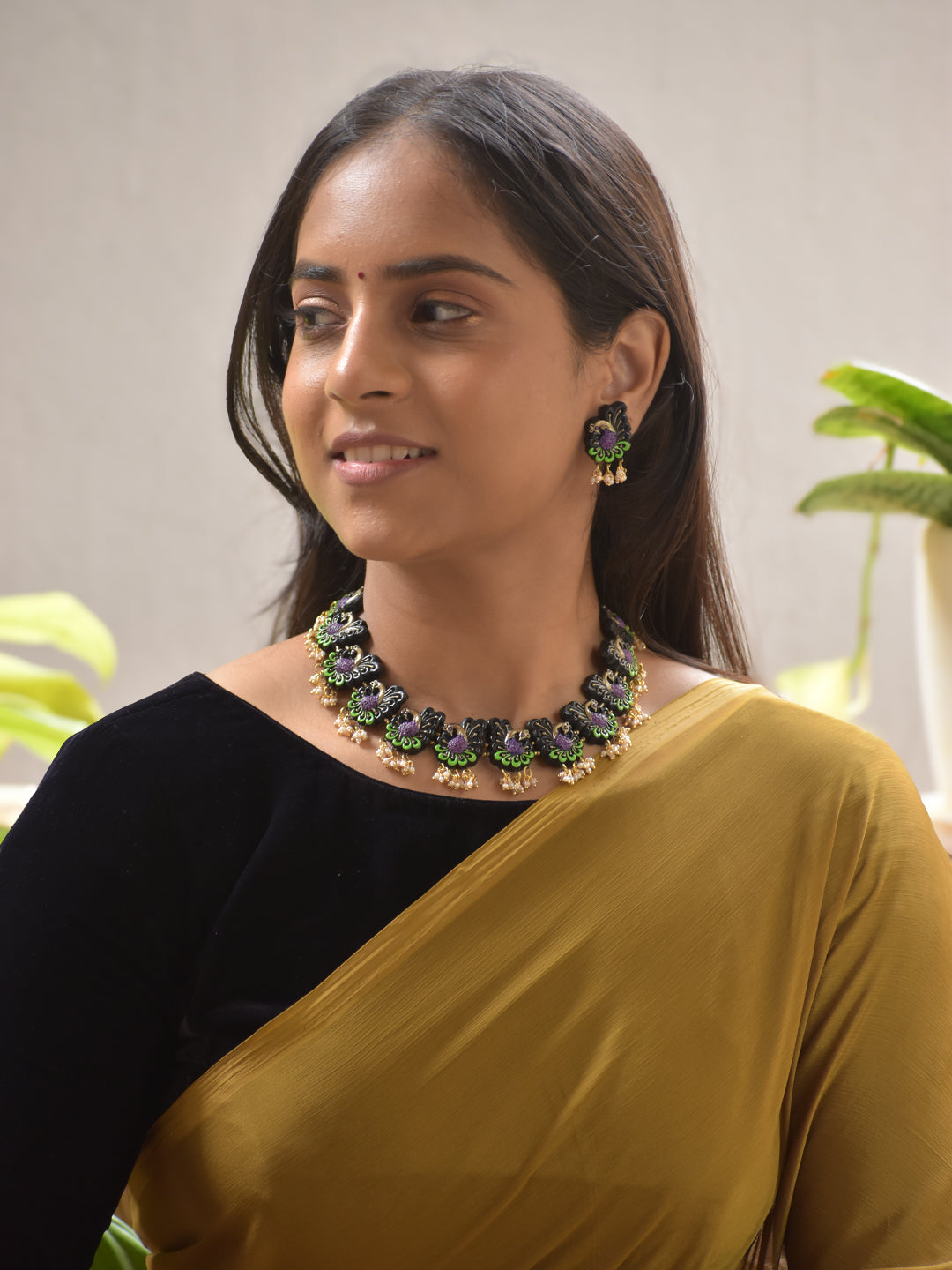 Regal Terracotta Peacock Necklace Set with Earrings