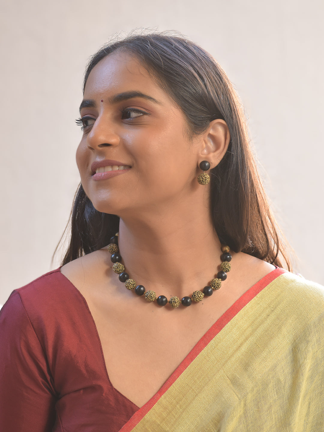 Terracotta Lava Beads Black & Antique Gold Necklace Set With Jhumkas