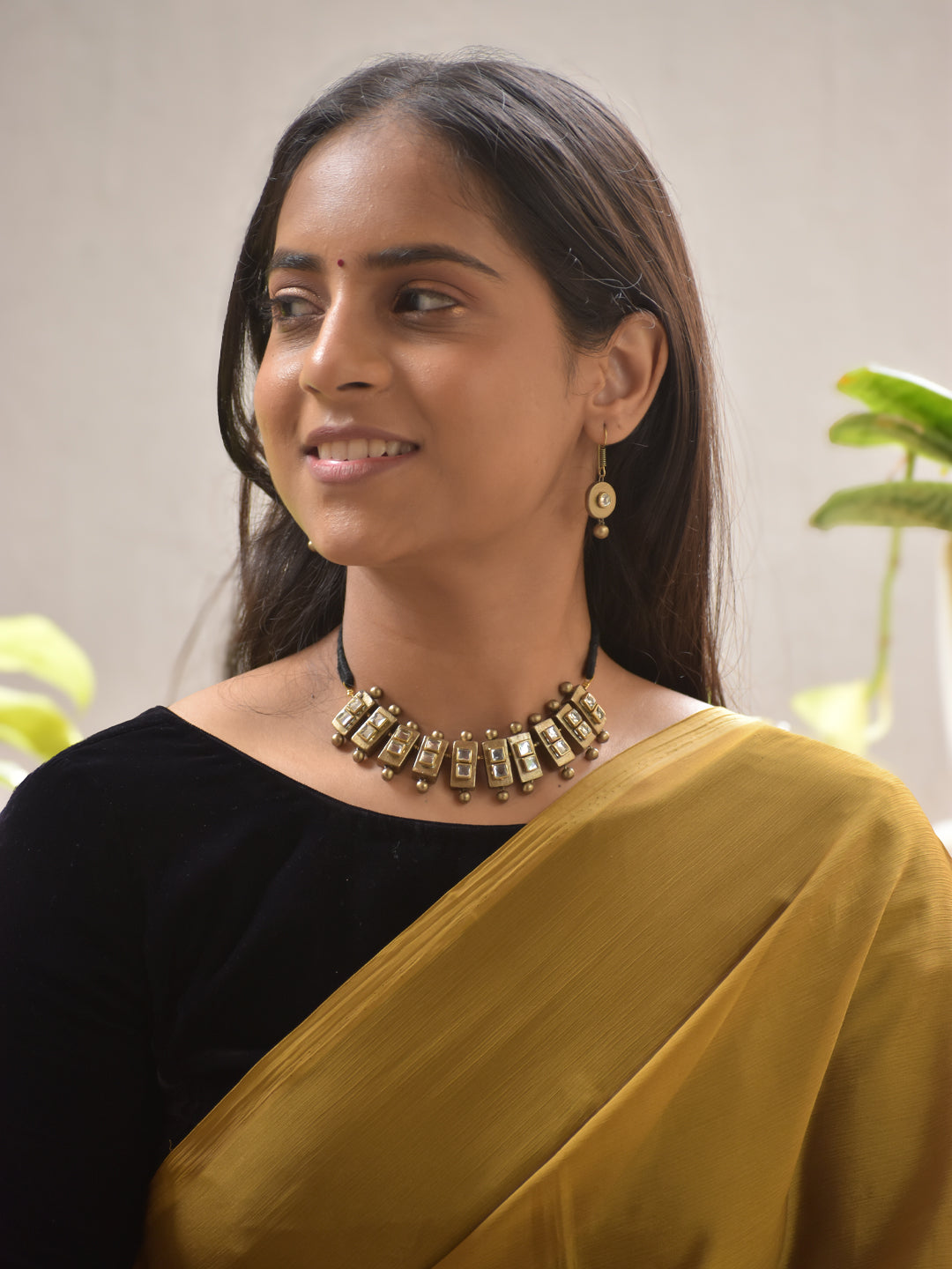 Antique Gold Mirror-Work Geometric Terracotta Necklace Set with Drop Earrings