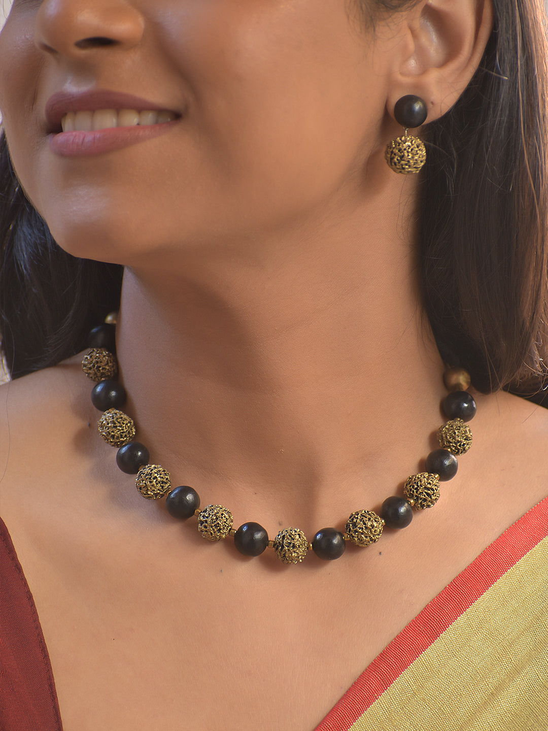 Terracotta Lava Beads Black & Antique Gold Necklace Set With Jhumkas