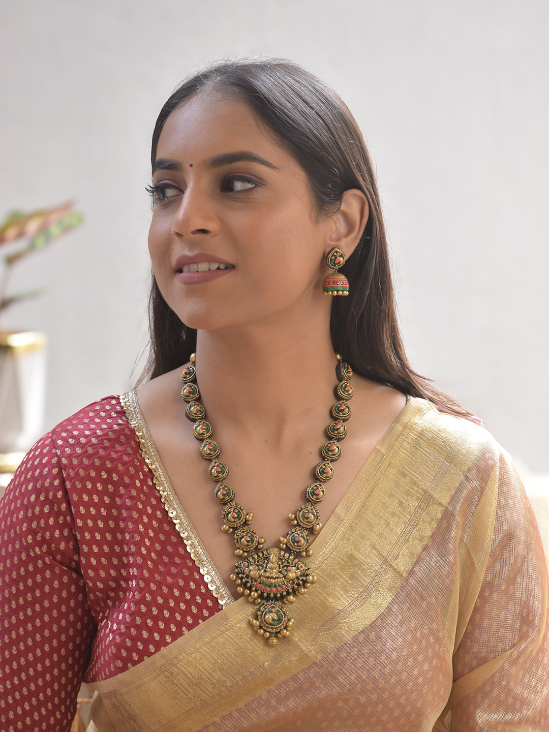 Vilasini – Terracotta Lakshmi Peacock Temple Necklace Set With Jhumkas