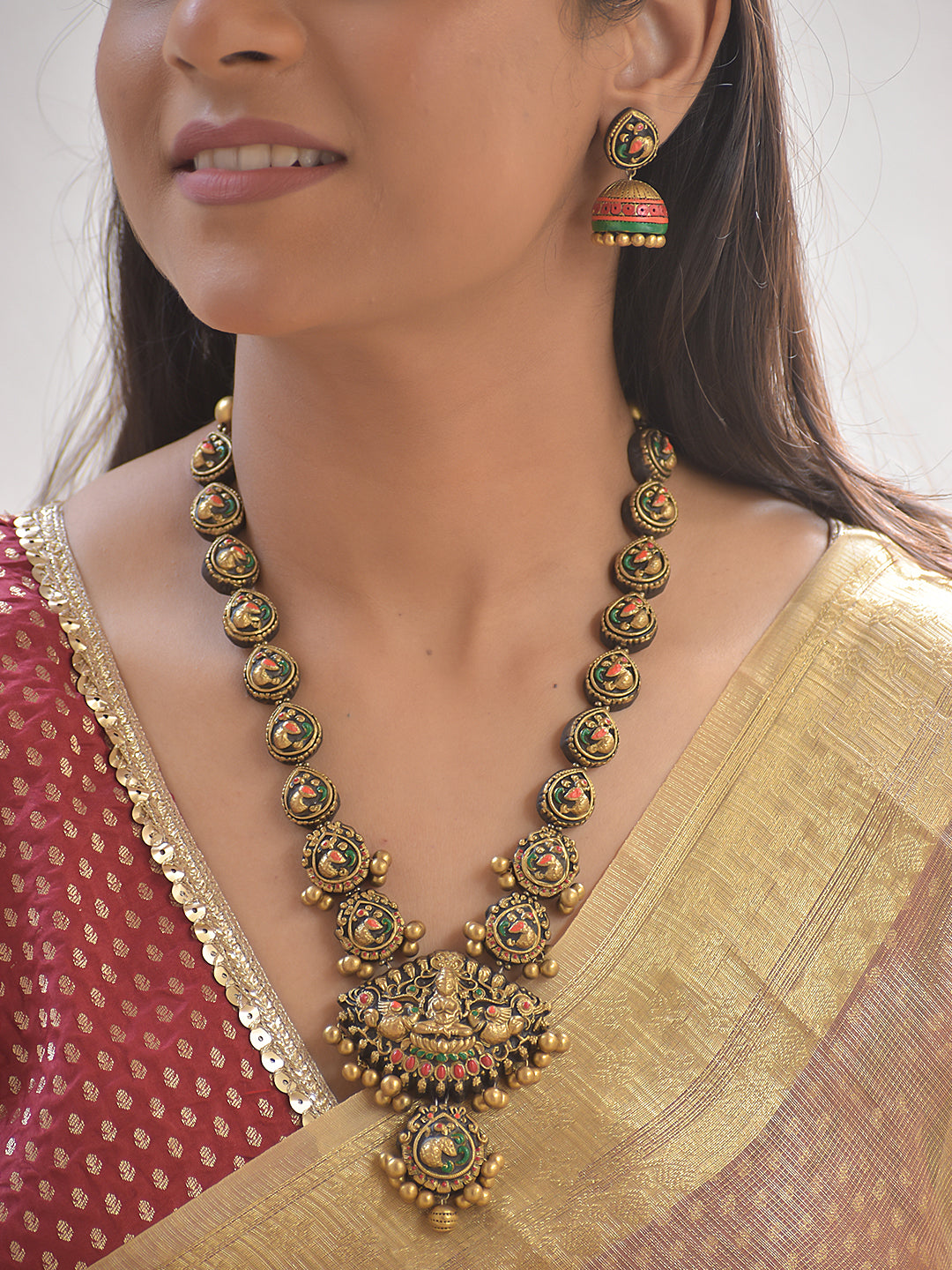Vilasini – Terracotta Lakshmi Peacock Temple Necklace Set With Jhumkas