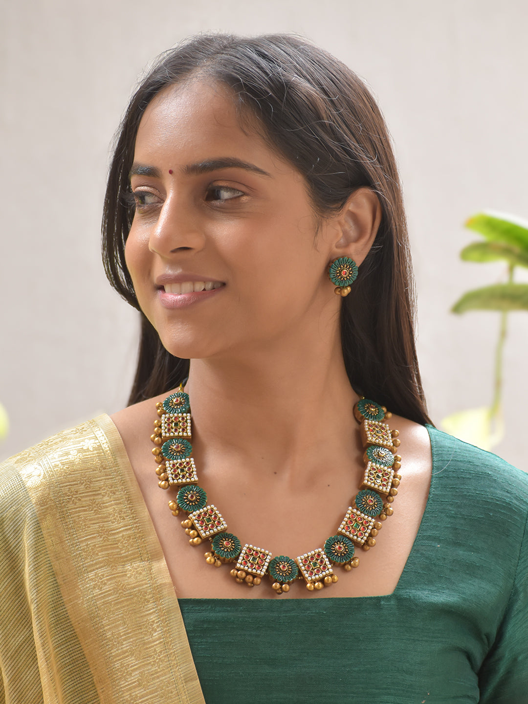 Terracotta Statement Necklace Set with Green Floral and Red Mirror Work Accents Stud Earrings