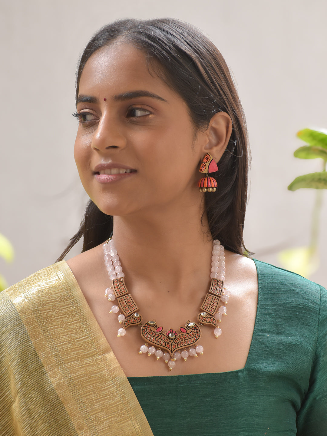 Twin Peacock Terracotta Necklace Set in Peach and Coral Tones Earrings