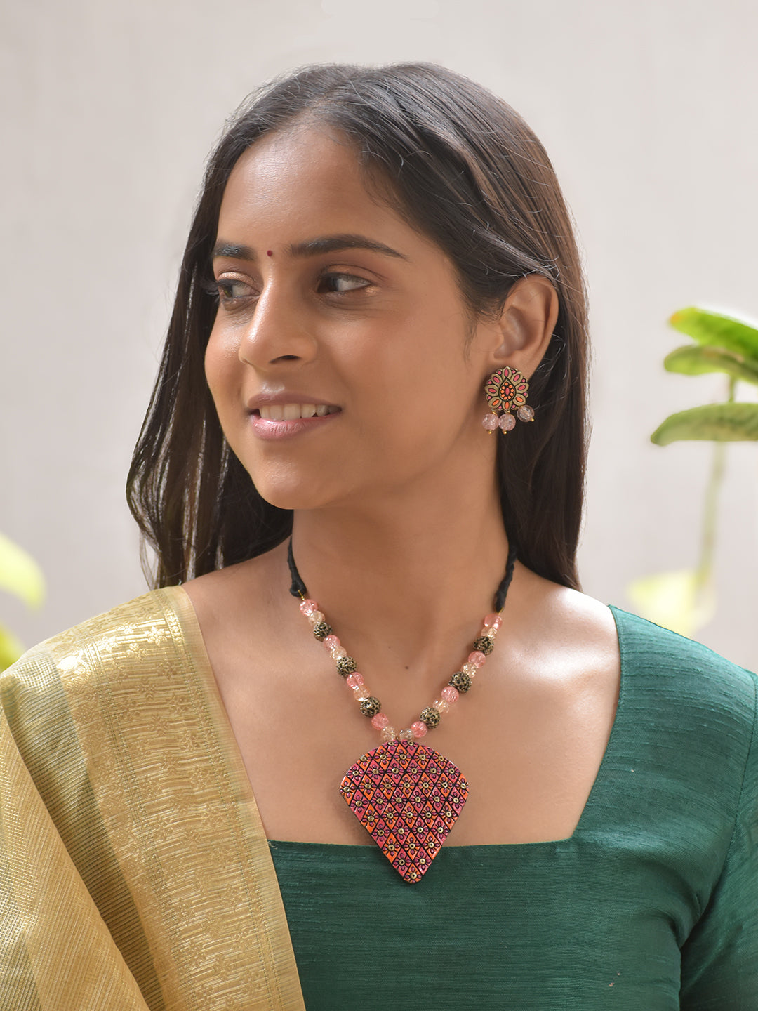 Terracotta Pink & Orange Abstract Pendant Necklace Set with Textured Beads Stud Earrings