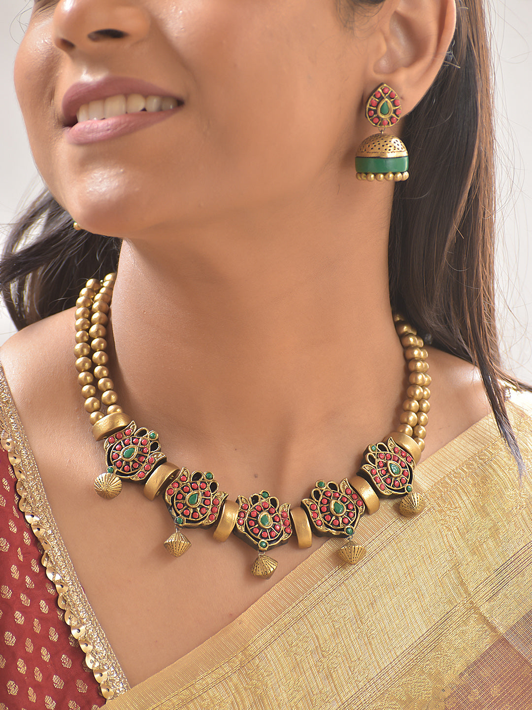 Padmaraga – Terracotta Lotus Motif Necklace Set With Jhumkas