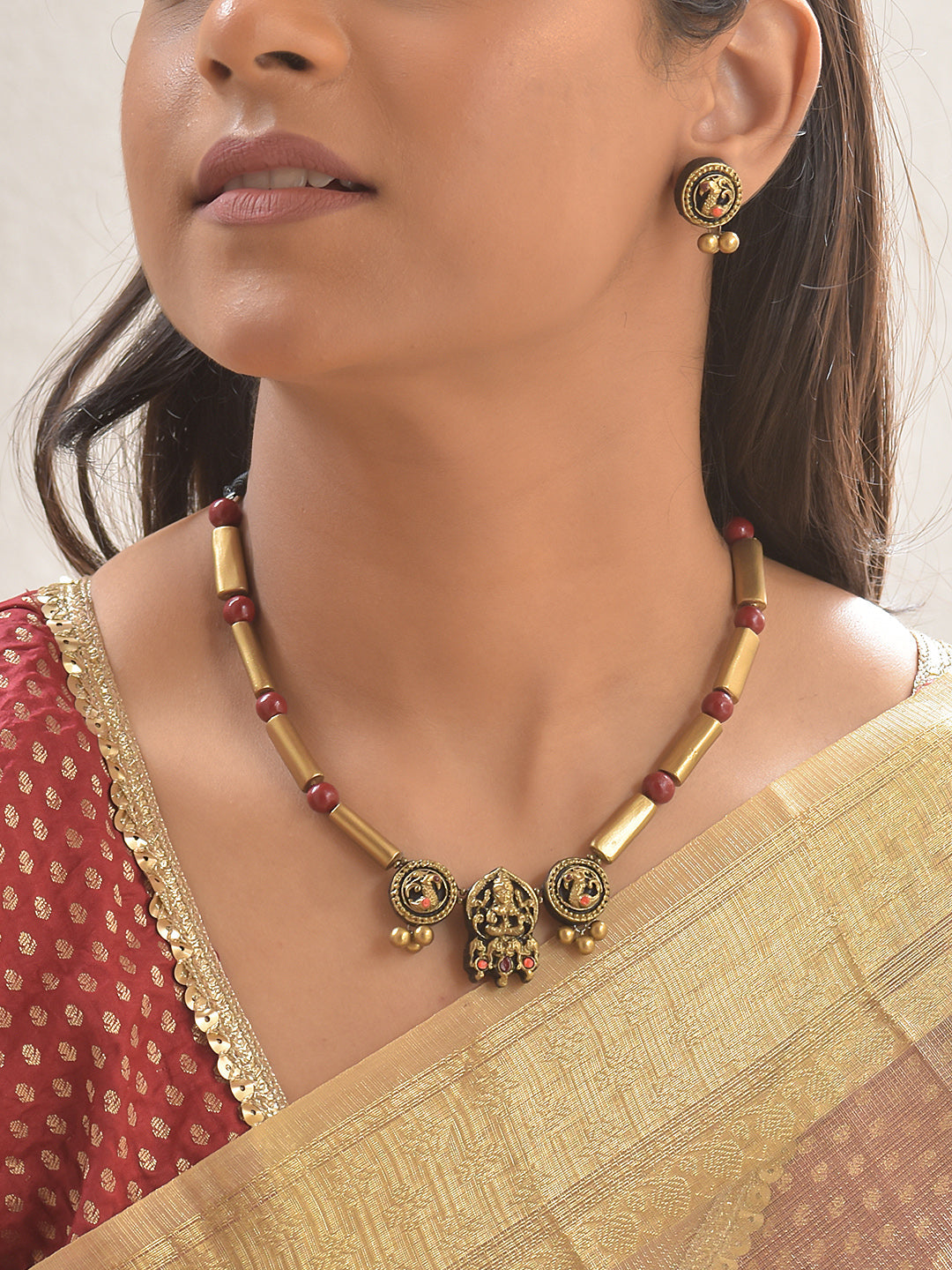 Terracotta Lakshmi Charm Necklace Set With Studs