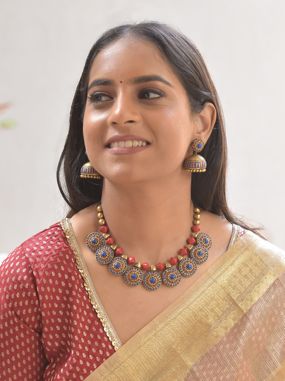 Terracotta Blue–Crimson Lotus Medallion Necklace Set With Jhumkas