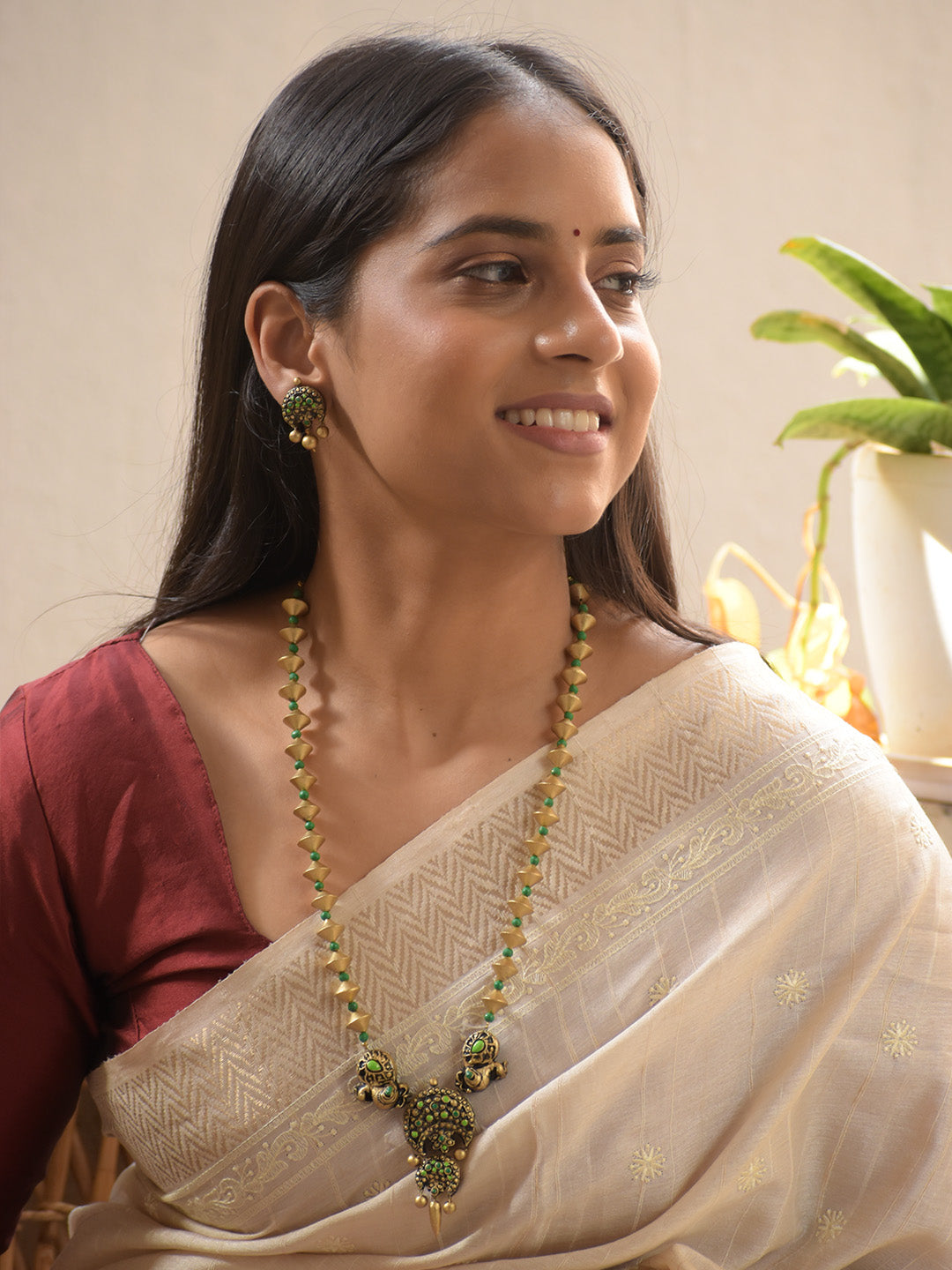 Handcrafted Terracotta Cone Design Peacock Motif Jewellery Set in Green & Antique Gold