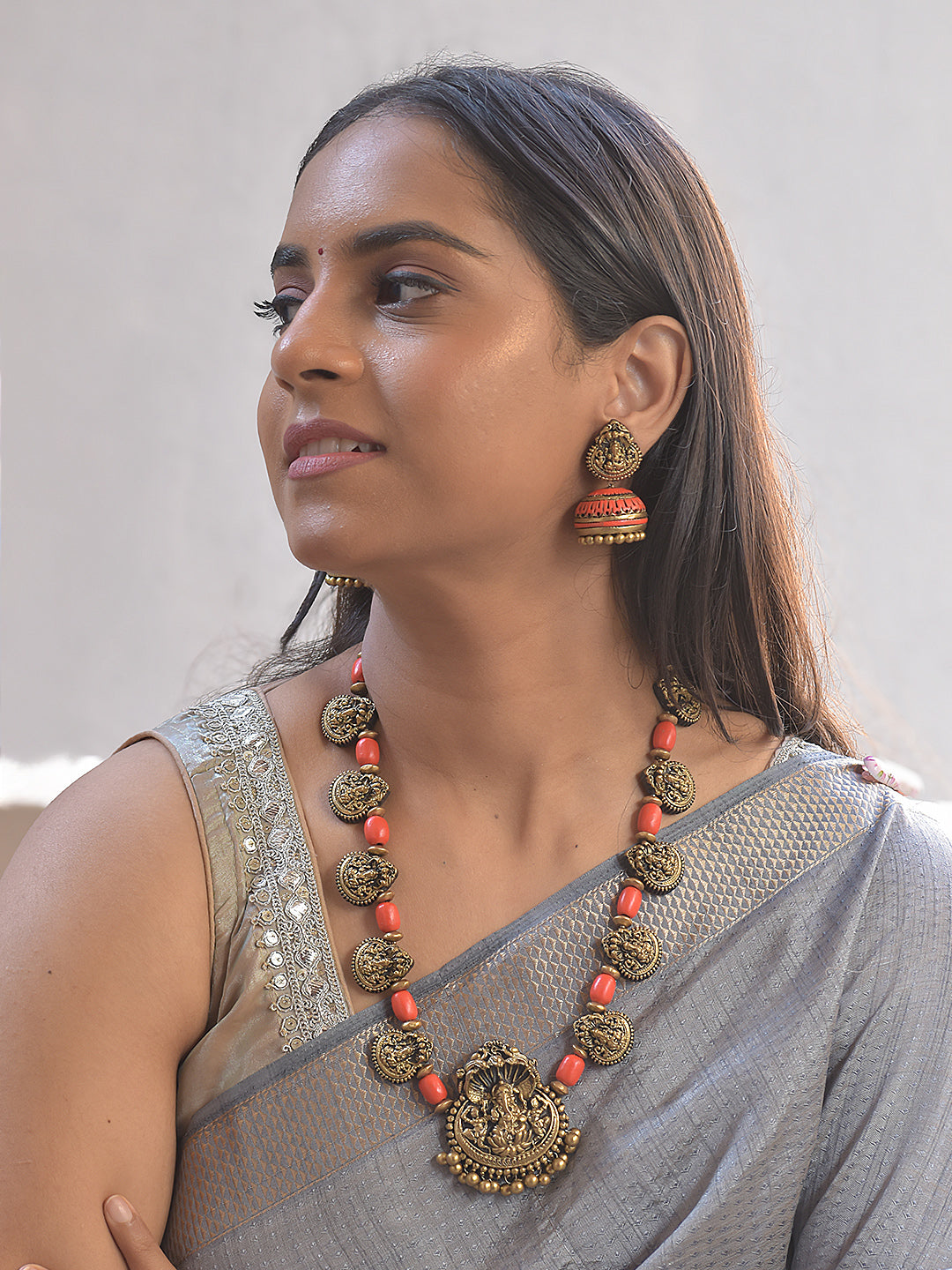 Ganesha – Terracotta Lakshmi Coin Necklace with Coral Beads Design With Jhumkas