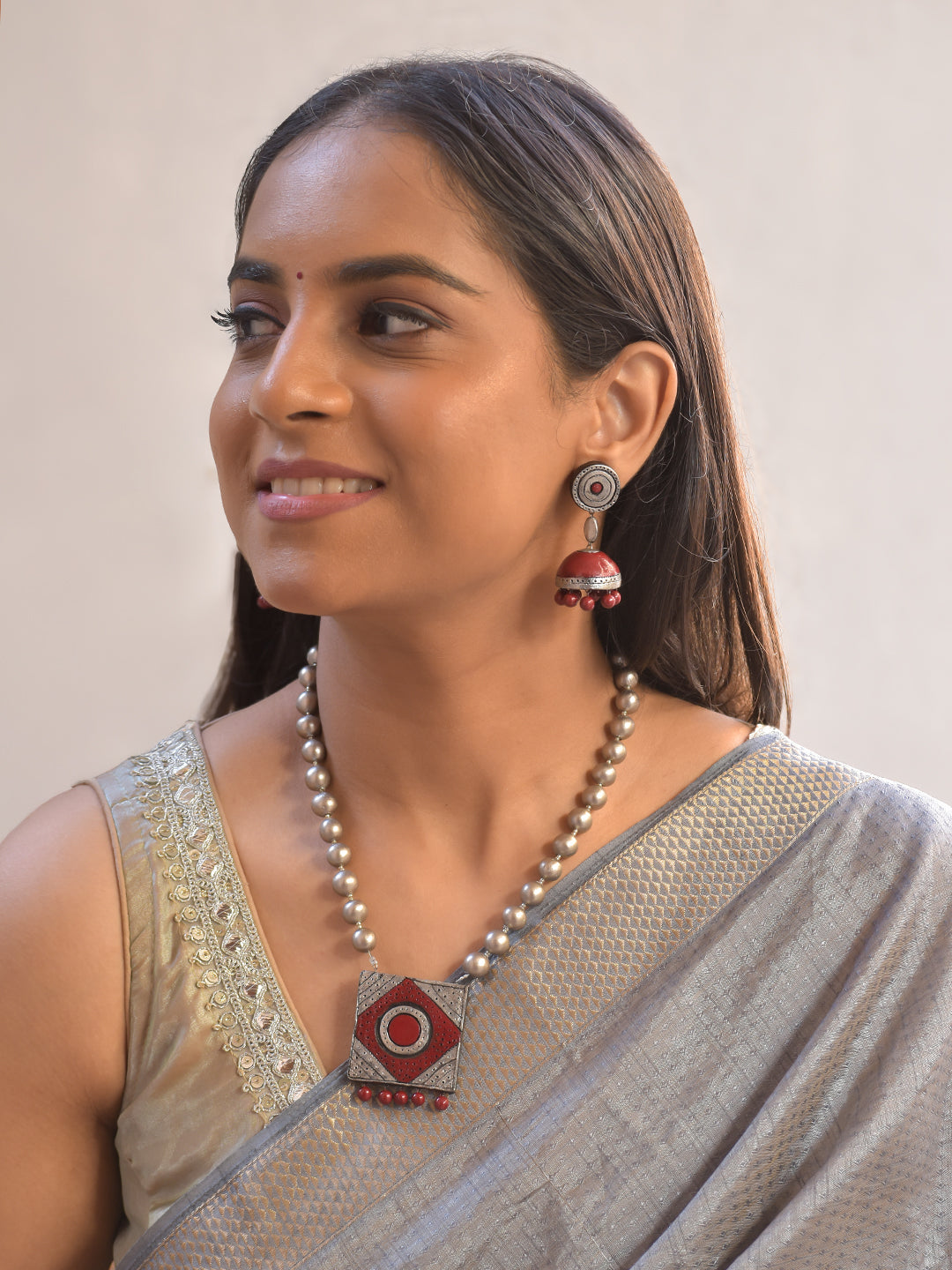 Terracotta Geometric Bead Necklace Set With Jhumkas