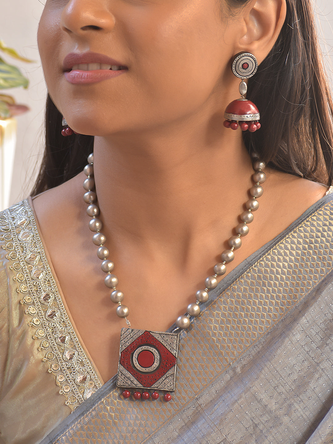 Terracotta Geometric Bead Necklace Set With Jhumkas