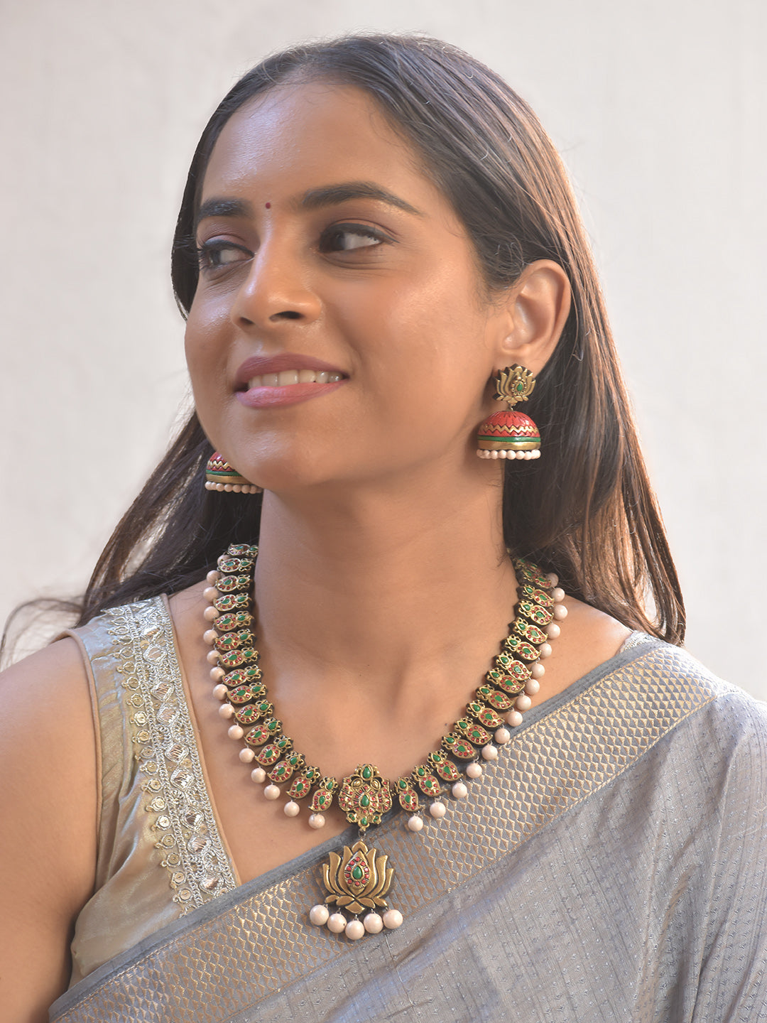 Terracotta Lotus Aura Necklace Set with Pearl Drops With Jhumkas