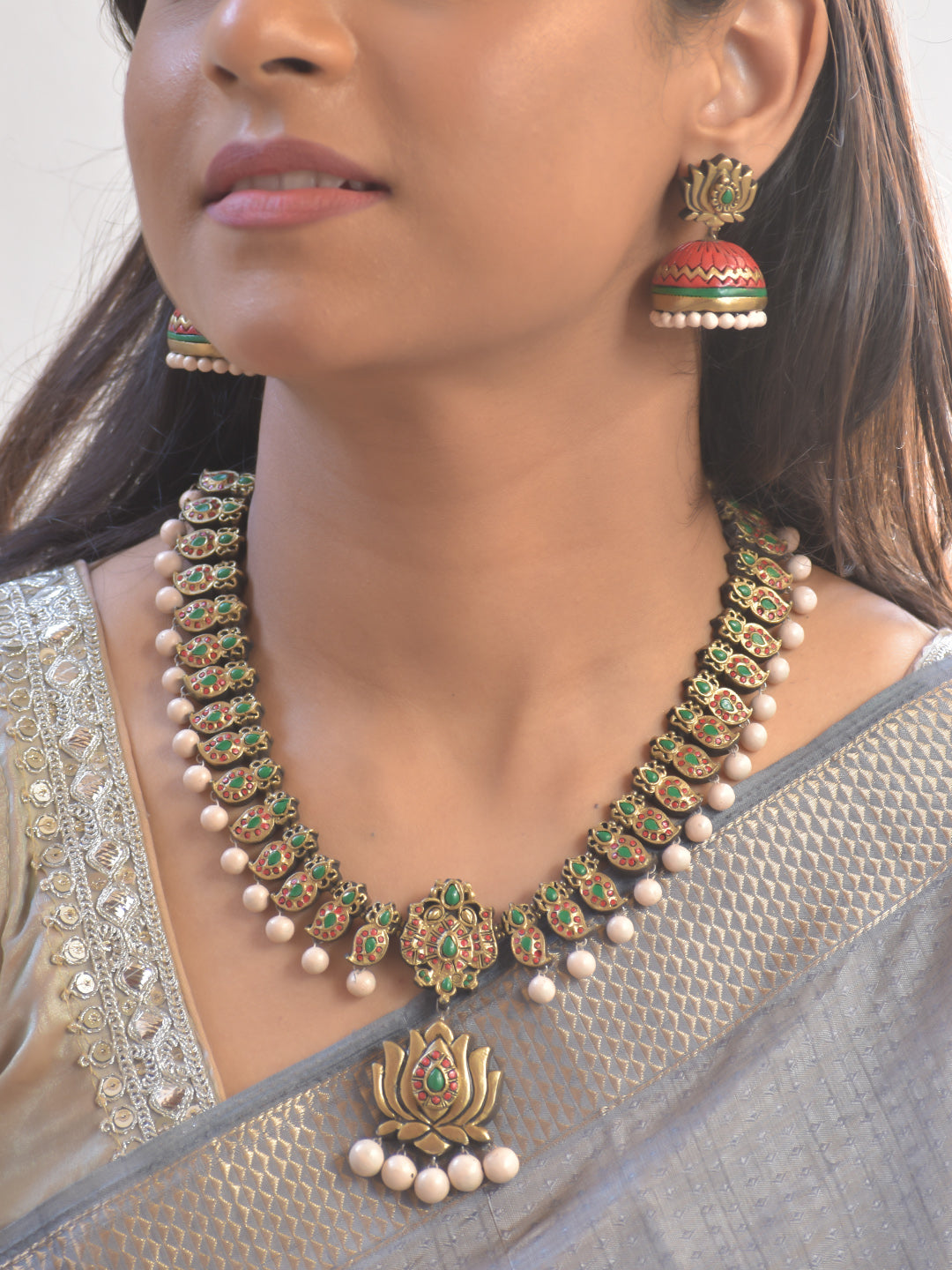 Terracotta Lotus Aura Necklace Set with Pearl Drops With Jhumkas
