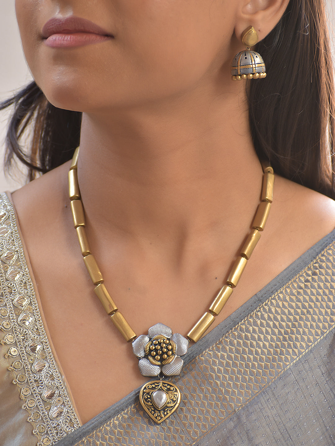 Silver Blossom Charm Terracotta Necklace Set With Jhumkas