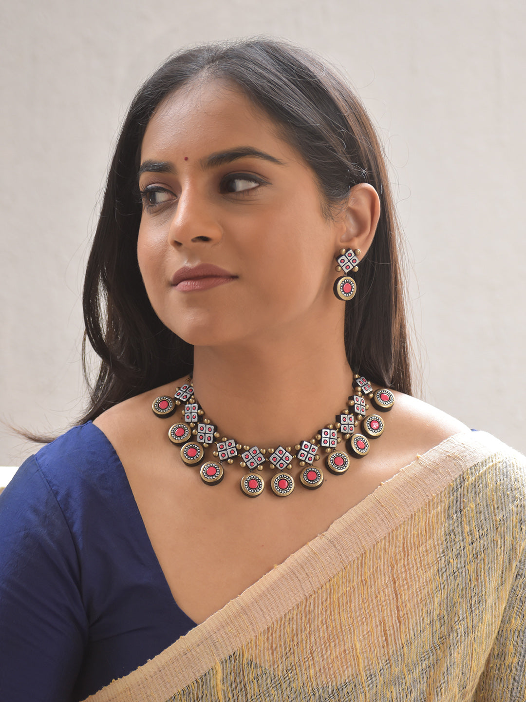 Terracotta Square & Disc Motif Necklace Set With Jhumkas