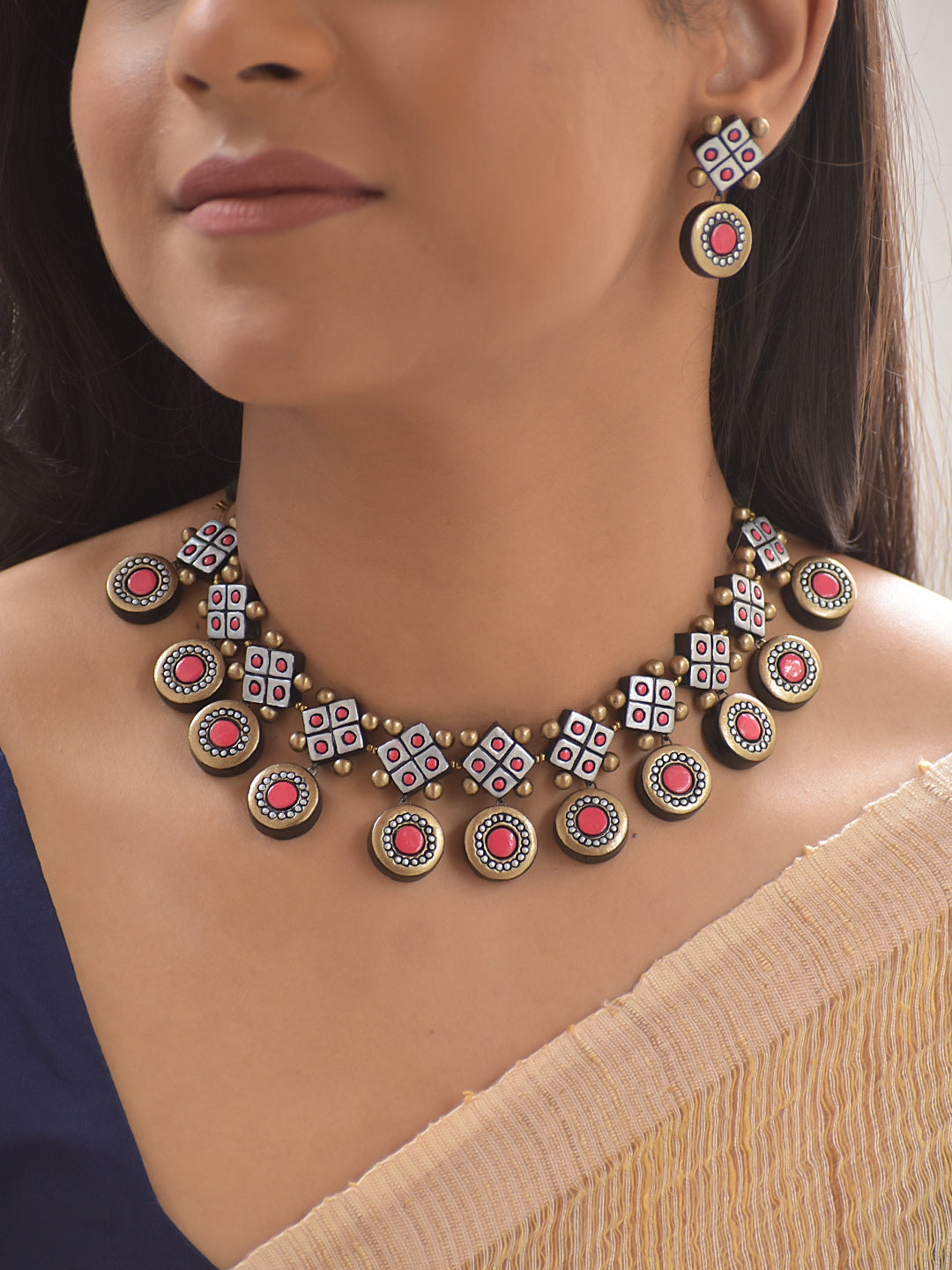 Terracotta Square & Disc Motif Necklace Set With Jhumkas