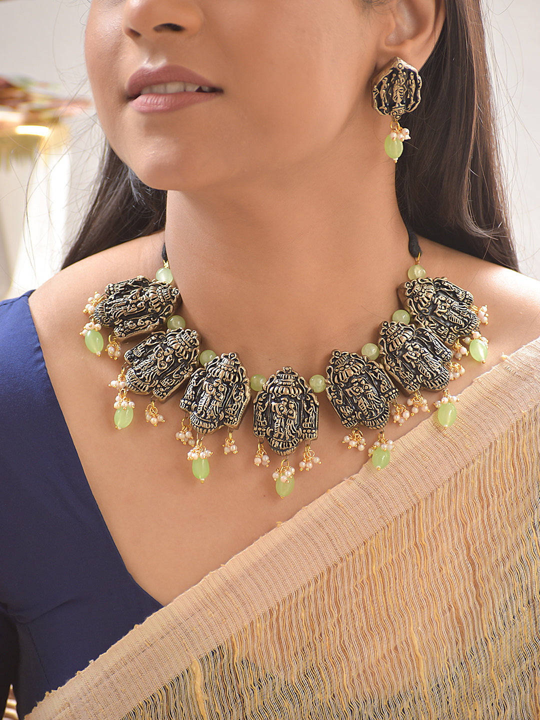 Terracotta Temple Radha Krishna Motif Necklace with Green Bead Drops With Stud Earrings