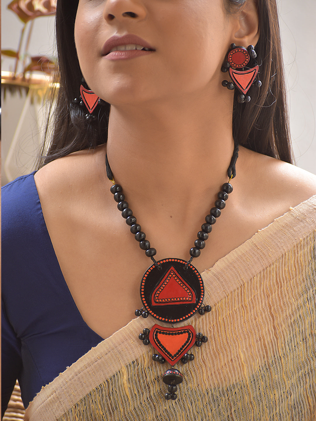 Terracotta Red & Black Geometric Pendant Necklace Set With Jhumkas