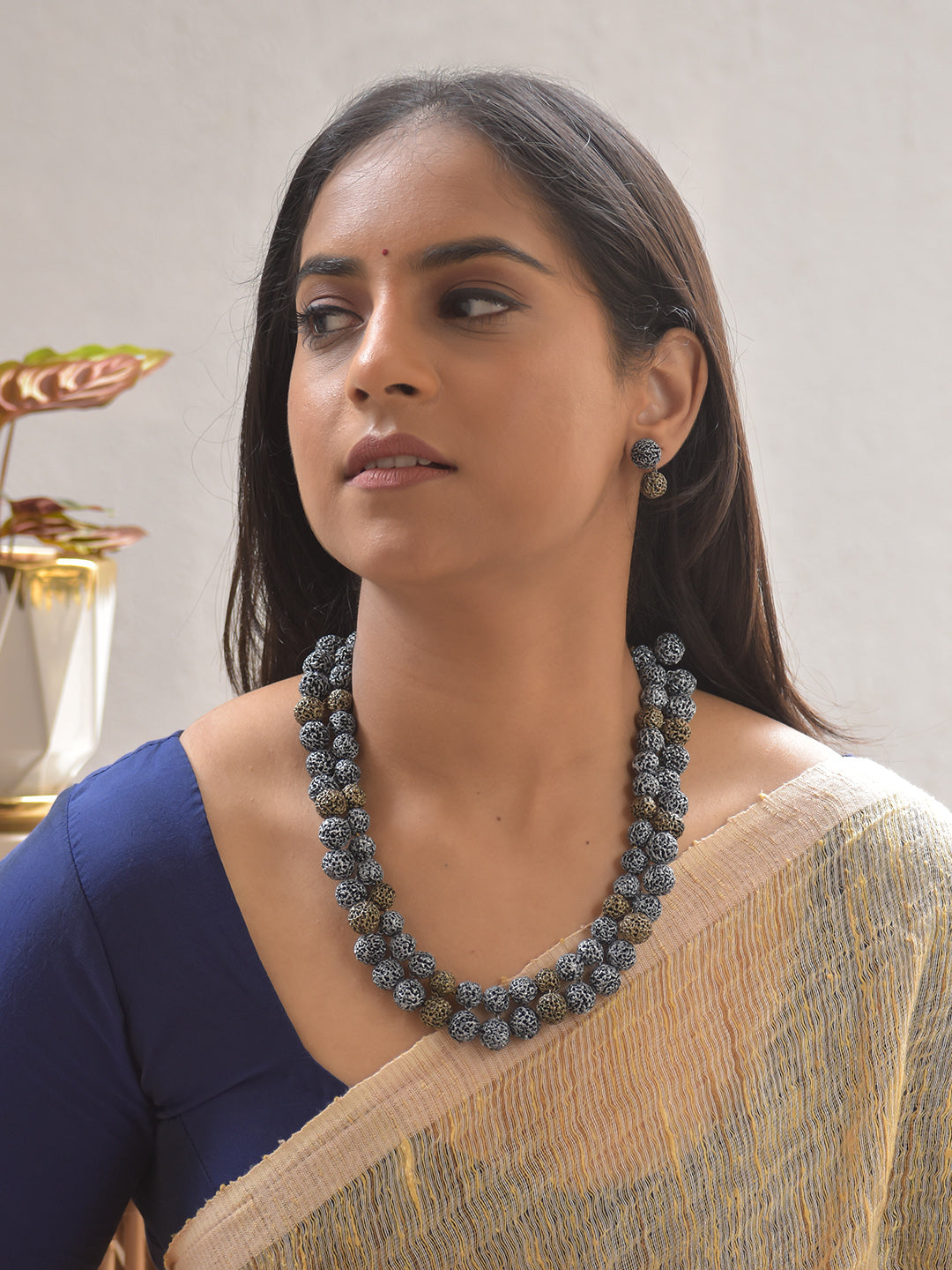 Terracotta Dual-Tone Silver and Brown Lava Textured Bead Necklace Set With Earrings