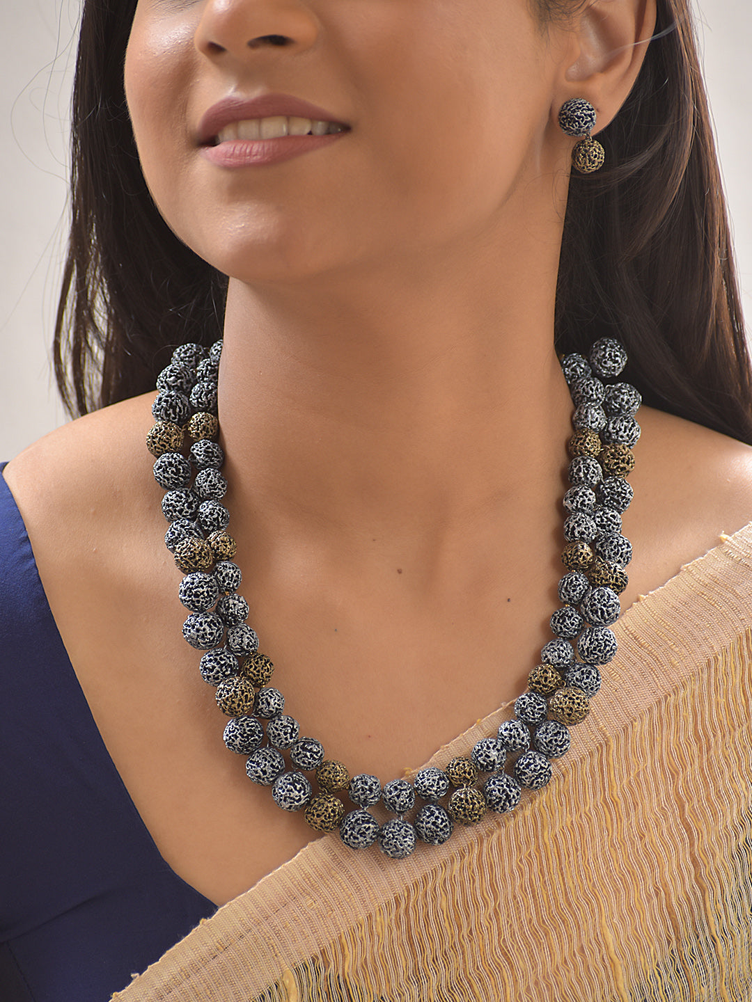 Terracotta Dual-Tone Silver and Brown Lava Textured Bead Necklace Set With Earrings