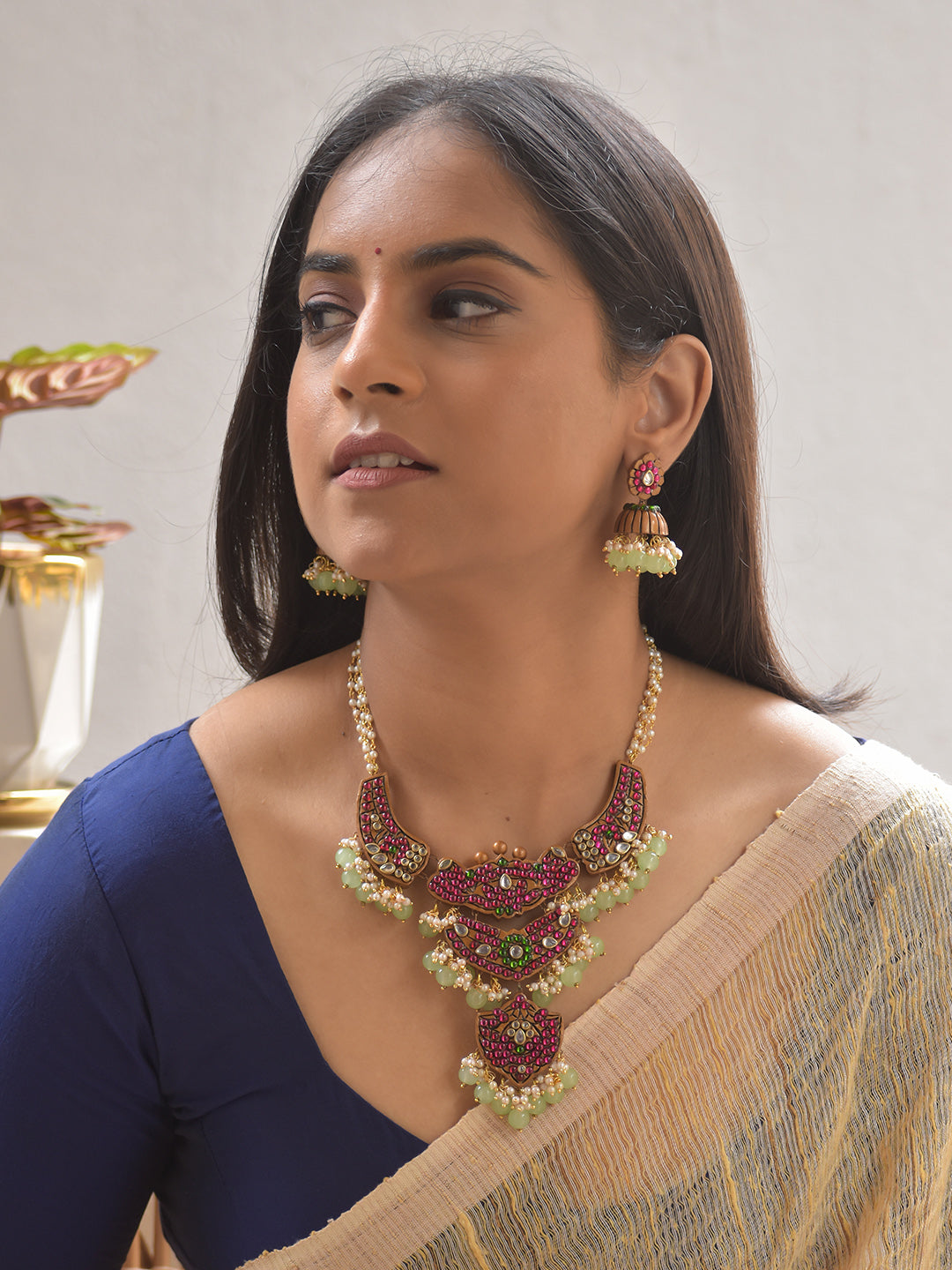 Terracotta Red Kundan-Style Floral Statement Necklace with Green Bead Drops With Jhumkas
