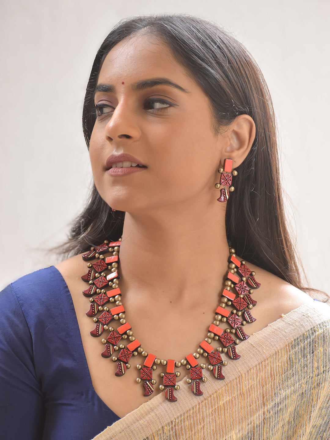 Terracotta Geometric Folk Motif Necklace with Red, Orange and Antique Gold Bead Accents With Earrings